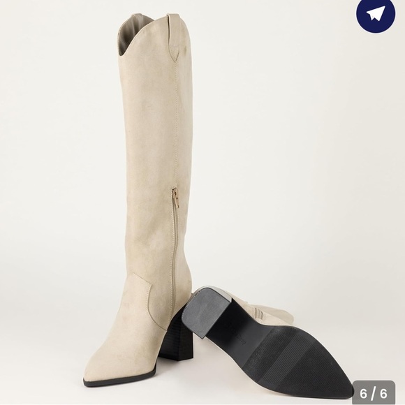 The Drop Cassandra Clay Microsuede Beige Western Knee-High Women's Heeled Boots - Picture 6 of 8